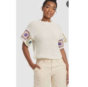 Universal Thread Crochet Knit Top with Colorful Granny Square Sleeves